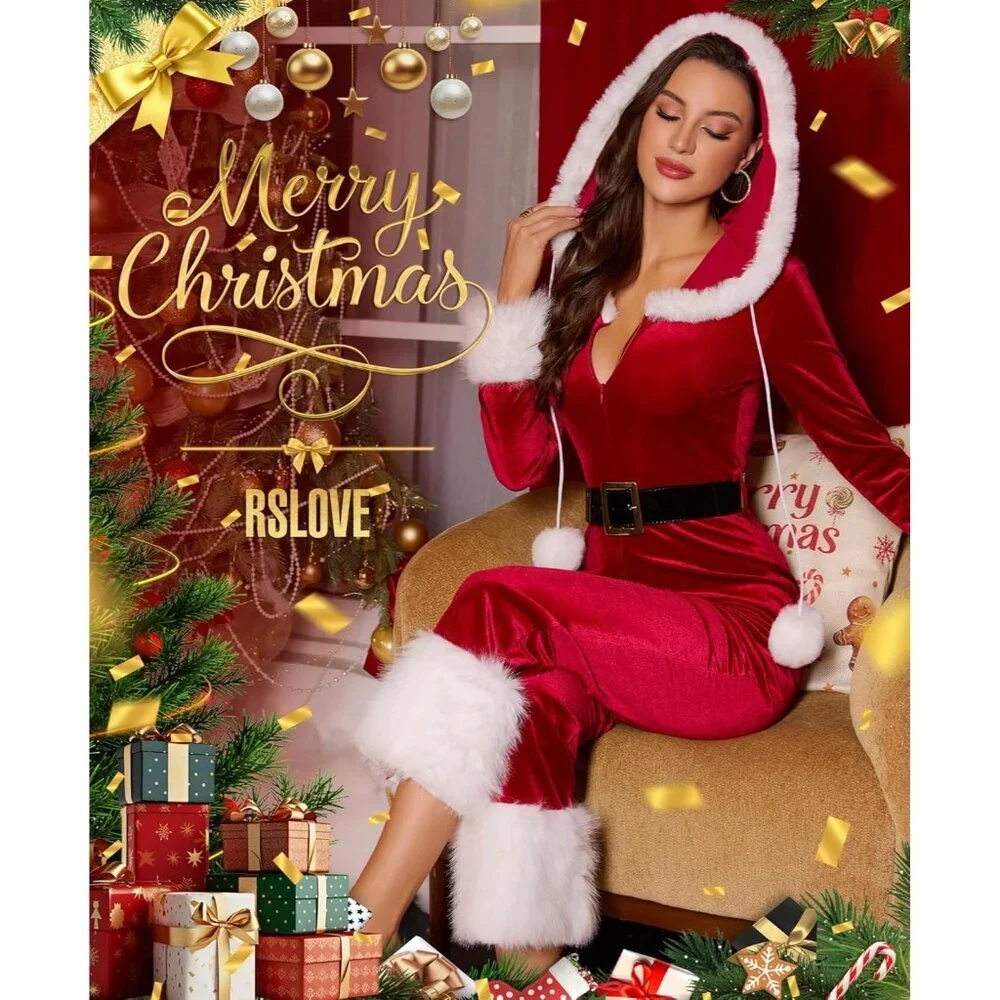 Womens Christmas Jumpsuit Velvet Santa Costume Faux Fur One Piece Holiday Outfit - Picture 2 of 5